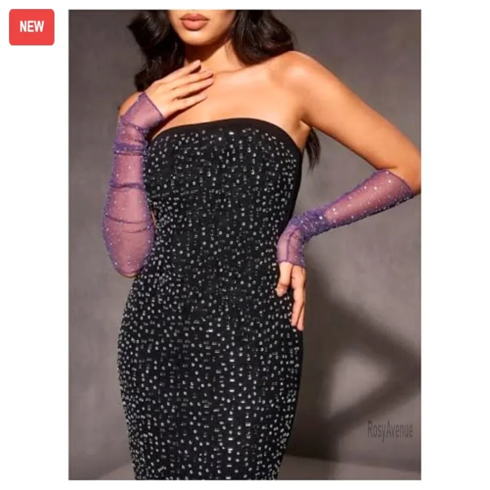 Rhinestone Sparkly Fingerless Mesh Sheer Arm Gloves Wedding Formal